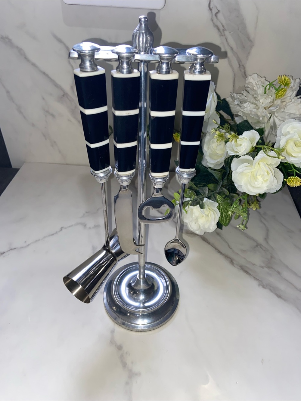 Pier 1 Chrome Bar Tool Set with Black & White Handles